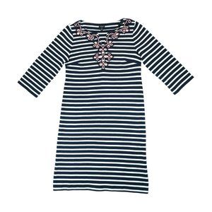 TALBOTS Embroidered‎ Appliqué Midi Dress Black White Stripes Size Medium Petites